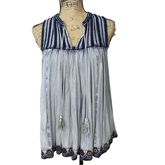Rachel Zoe Boho Hippie Top Blue Striped Tassels Gypsy Hippie Festival Tunic - Picture 4 of 12